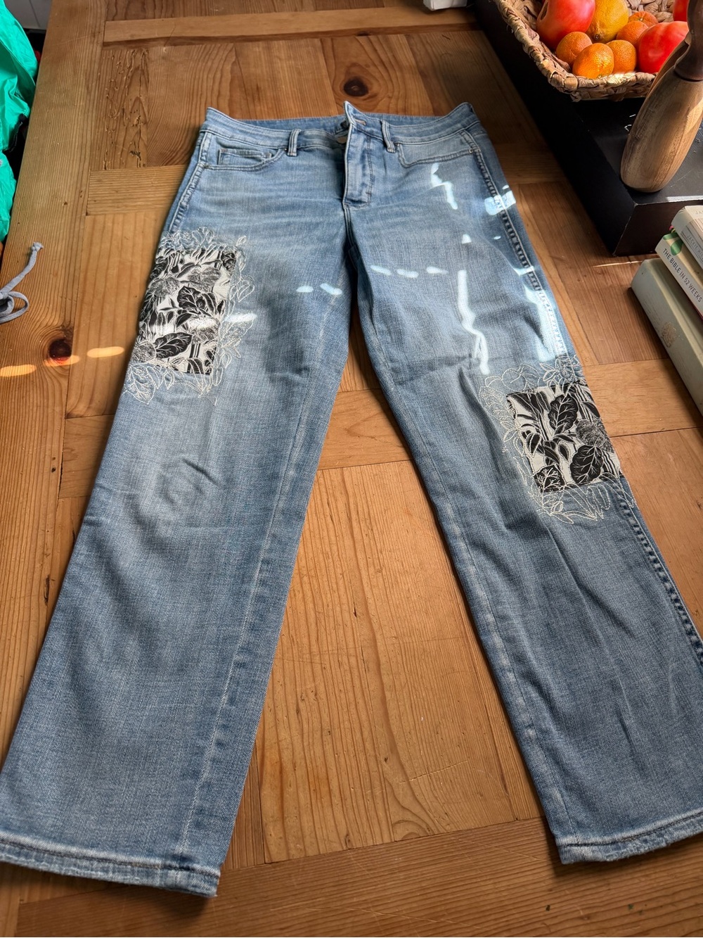 White House Black Market Light Blue Wide-Leg Jeans with Black Floral Patches